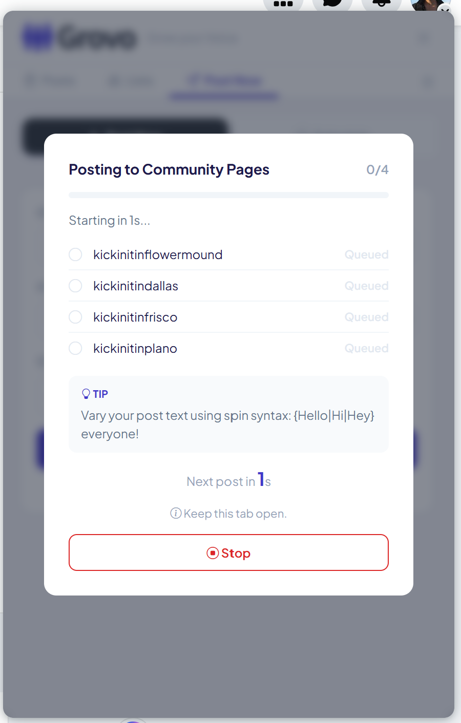 Grovo posting live to a list of community Facebook groups, showing real-time progress